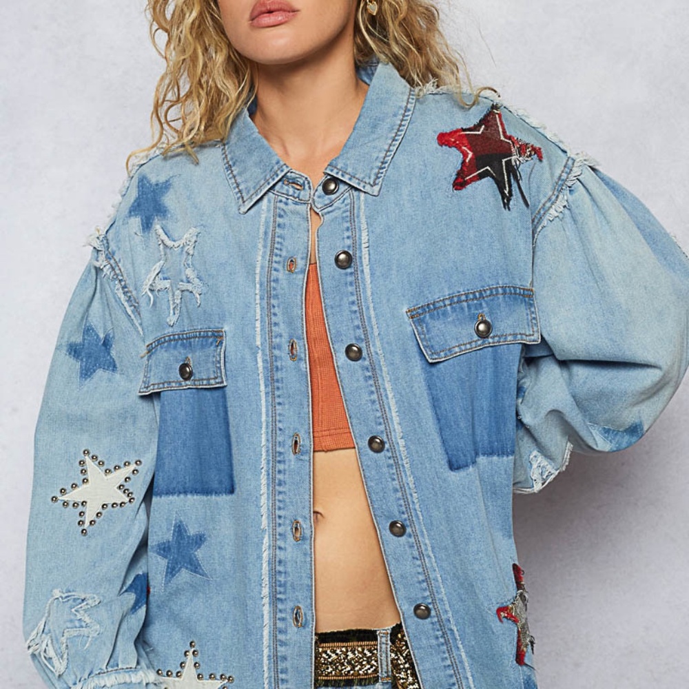 New Pol Denim Shacket Top Button Shirt Women Stars Boho Anthropologie Blue - Picture 6 of 11